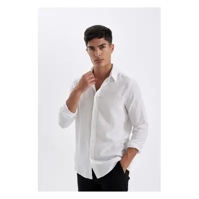 DEFACTO White Modern Fit Polo Collar Basic Plain Cotton Long Sleeve Shirt