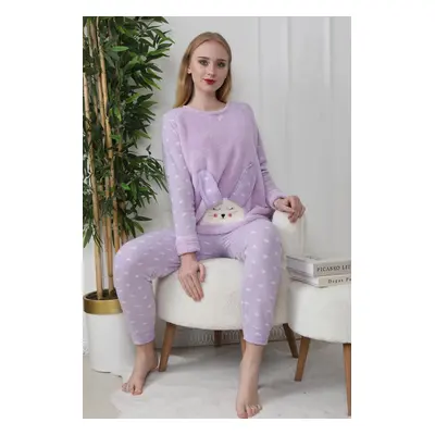 Trendyol Lilac 3-Piece Heart Sleep Band Polar Winter Knitted Pajama Set