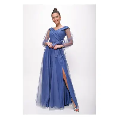 By Saygı Dark Blue Laced Balloon Sleeve Tulle Long Evening Dress