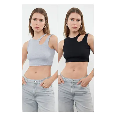 Trendyol Black-gray melange 2-Pack Cut Out Detailed Fitted Crop Ribbed Flexible Knitted Undershi