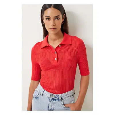 Happiness İstanbul Women's Red Polo Neck Lightly Transparent Knitwear Blouse