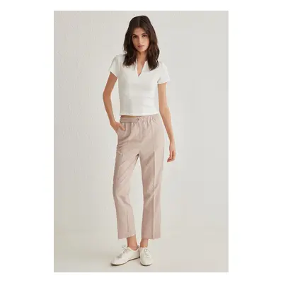 Trendyol Beige Back Elastic Waist Striped Straight Cut Woven Trousers