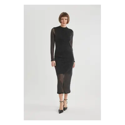 DEFACTO Bodycon Bodycon Basic Plain Half Turtleneck Long Sleeve Tulle Midi Dress