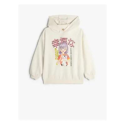 Koton Hooded Oversize Sweatshirt Anime Printed Long Sleeve Raised Cotton