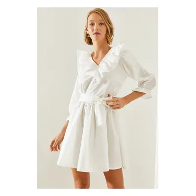 Bianco Lucci Women's V-Neck Sleeve and Collar Detailed Mini Dress