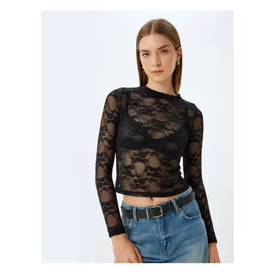 Koton Long Sleeve Crew Neck Transparent Tulle Lace T-Shirt