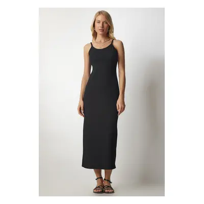 Happiness İstanbul Women's Black Strappy Corduroy Pencil Dress