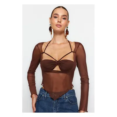 Trendyol Brown Cut Out/Window Detail Tulle Blouse