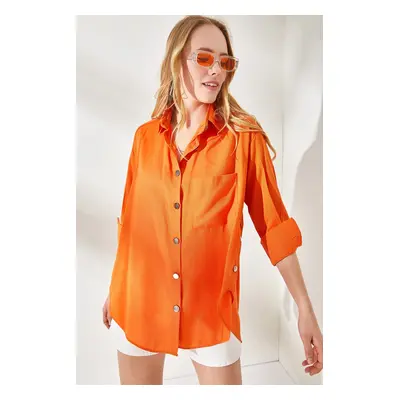 Olalook Women's Orange Button Detailed Oversize Woven Shirt