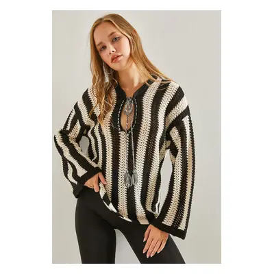 Bianco Lucci Women's Striped Front Tied Openwork Knitwear Sweater