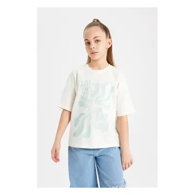 DEFACTO Girl Relax Fit Crew Neck Printed Short Sleeve T-Shirt