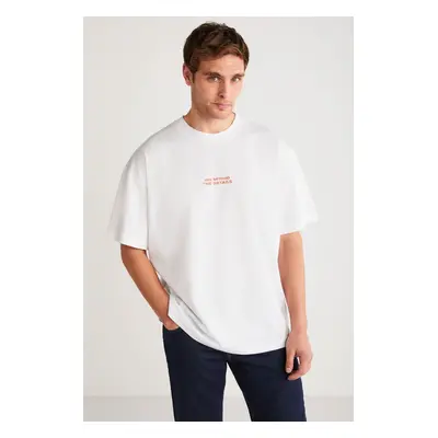 GRIMELANGE VITO Men's 100% Cotton Front Printed Short Sleeve Oversize White T-Shirt