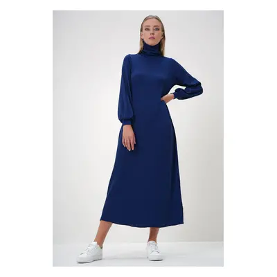 Trend Alaçatı Stili Women's Navy Blue Turtleneck Burgundy Fabric Long Dress