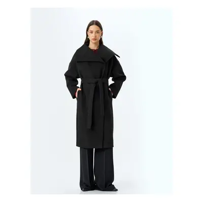 Koton Belted Wide Shawl Collar Double Breasted Long Cashmere Coat