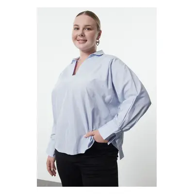 Trendyol Curve Blue White Striped Basic Long Sleeve Elastic Back Woven Plus Size Blouse