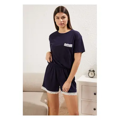 Trendyol Navy Blue Lace Detail Ribbed Knitted Pajama Set