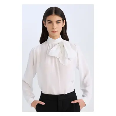 DEFACTO Regular Fit Bow Collar Basic Plain Satin Long Sleeve Blouse