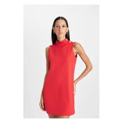 DEFACTO Half Turtleneck Basic Plain Button Sleeveless Mini Red Dress