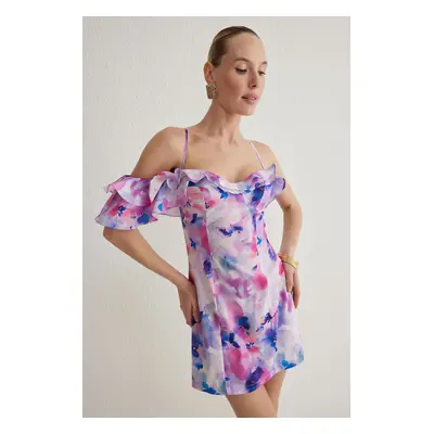 Trendyol Multicolored Bodycon Frilled Floral Patterned Woven Short Elegant Dress