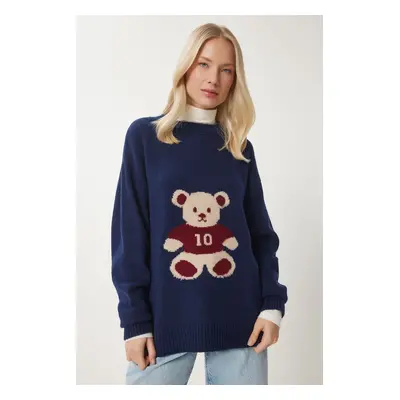 Happiness İstanbul Women's Navy Blue Teddy Bear Textured Soft Knitwear Sweater