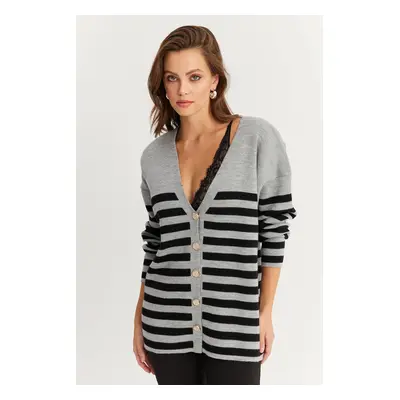 Cool & Sexy Women's Gray-Black Striped Knitwear Cardigan CNG3