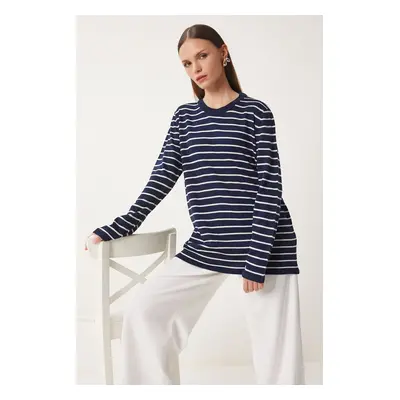 Happiness İstanbul Women's Navy Blue White Striped Seasonal Knitwear Sweater