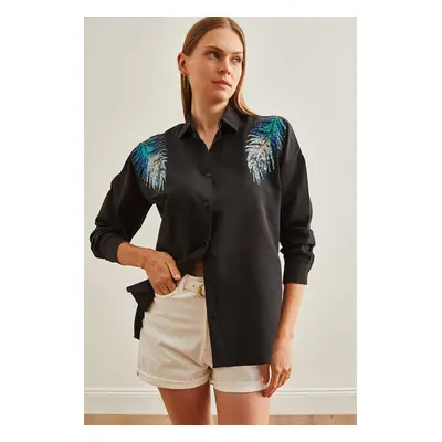 Olalook Women's Black Leaf Sequin Detailed Woven Shirt