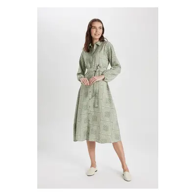 DEFACTO Shirt Collar Patterned Aerobin Long Sleeve Belted Midi Dress