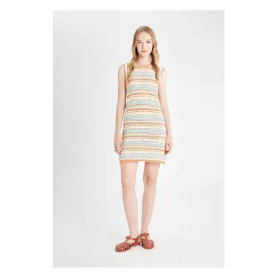 DEFACTO Cool Patterned Crew Neck Crochet Sleeveless Mini Knit Dress