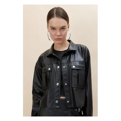 DEFACTO Oversize Wide Fit Faux Leather Long Sleeve Shirt