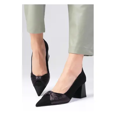 Mio Gusto Rose Black Color Suede Pointed Toe Satin Bow Thick Heel Women's Heeled Shoes