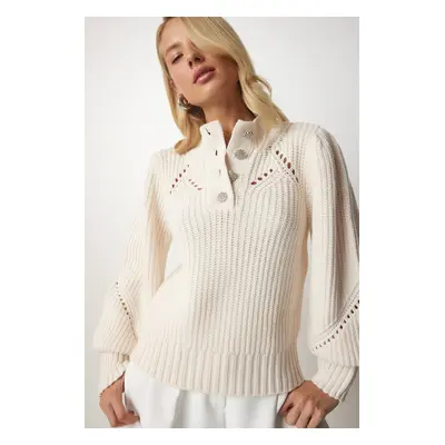 Happiness İstanbul Women's Cream Stylish Buttoned Openwork Knitwear Sweater