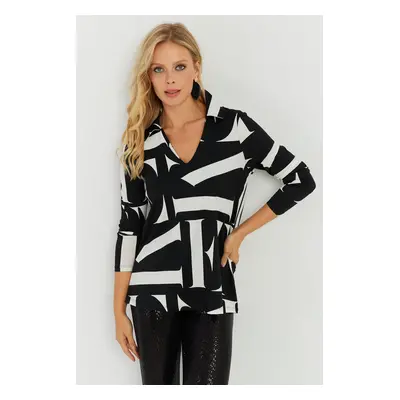 Cool & Sexy Women's White-Black Patterned Polo Neck Blouse