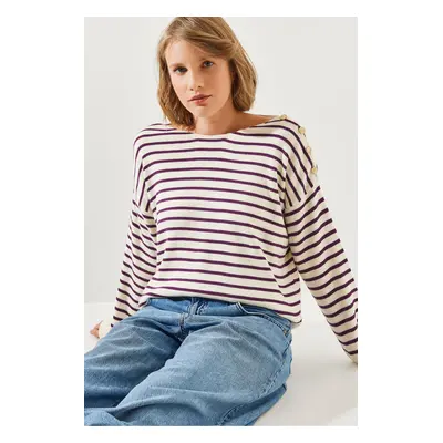 Bianco Lucci Women's Striped Shoulder Buttoned Sweater