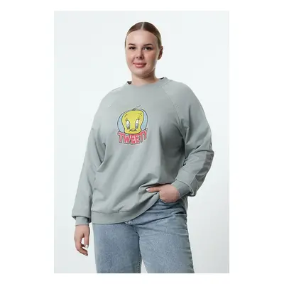 Trendyol Curve Gray Tweety Licensed Crew Neck Knitted Plus Size Sweatshirt