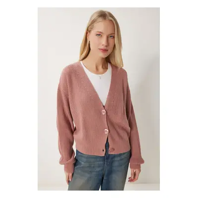 Happiness İstanbul Women's Dusty Rose V-Neck Buttoned Knitwear Cardigan