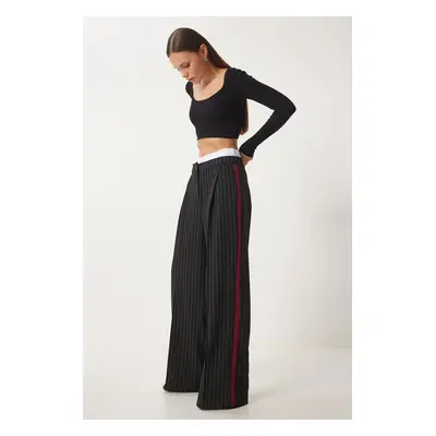 Happiness İstanbul Women's Black Contrast Waist Detail Striped Woven Trousers