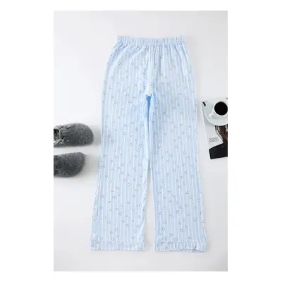 Trendyol Light Blue Cotton Striped and Heart Knitted Pajama Bottoms