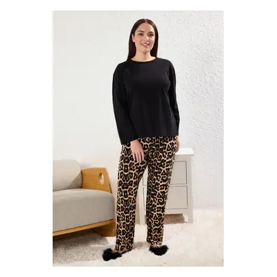 Trendyol Curve Black 100% Cotton Leopard Patterned Knitted Pajama Set