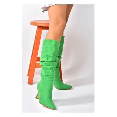 Fox Shoes Green Suede Heeled Smocking Women's Shoes