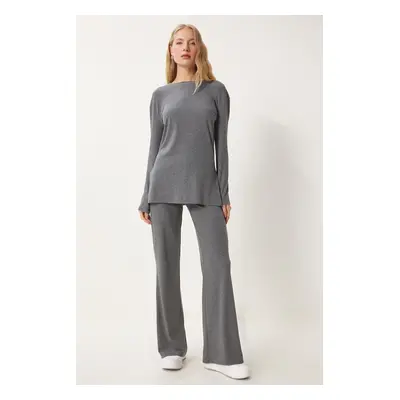 Happiness İstanbul Women's Gray Comfortable Ribbed Knitted Blouse Trousers Set