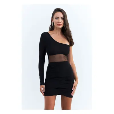 Cool & Sexy Women's Black Draped Tulle Detailed Mini New Year's Dress