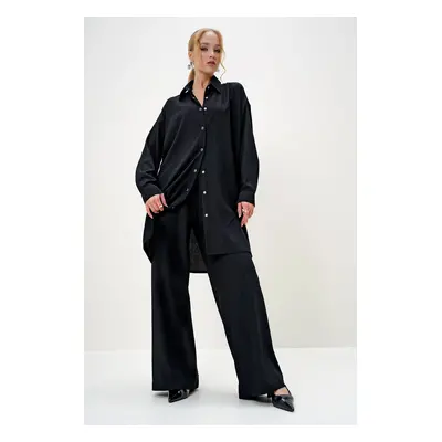 Trend Alaçatı Stili Women's Black Shirt Collar Button Front Crepe Shirt and Trouser Set