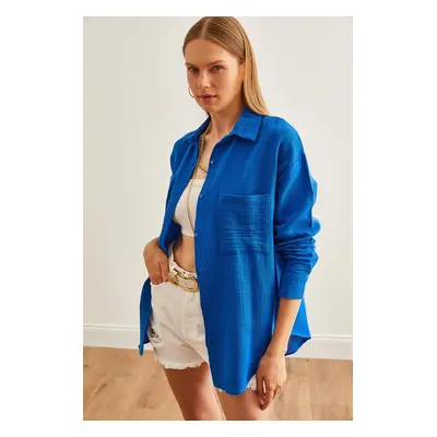 Olalook Women's Saks Blue Oversize Basic Muslin Shirt