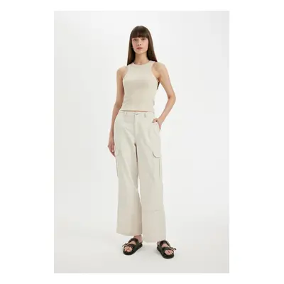 DEFACTO Gabardine Trousers Wide Leg Wide Leg Cargo Pocket Regular Waist Plain Basic Standard Len