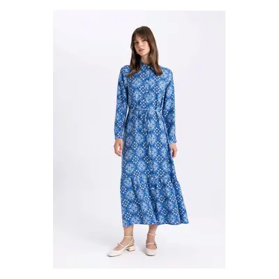 DEFACTO Shirt Collar Patterned Long Sleeve Basic Maxi Dress