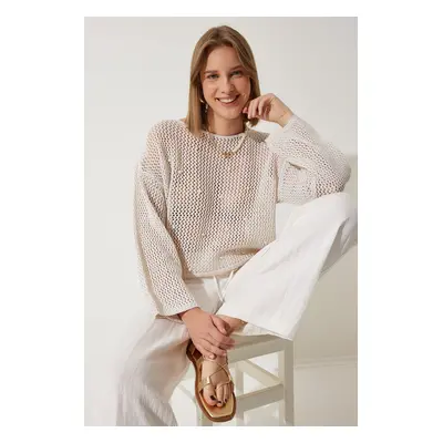 Happiness İstanbul Women's Cream Pearl Detailed Openwork Seasonal Knitwear Sweater