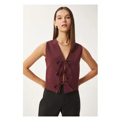 Happiness İstanbul Women's Burgundy Bow Tie Woven Vest