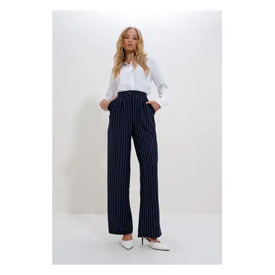 Trend Alaçatı Stili Women's Navy Blue Double Pocket Striped Palazzo Pants