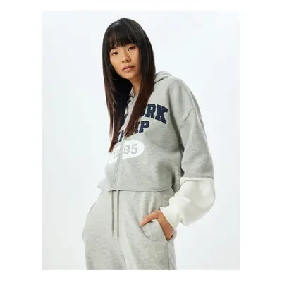 Koton Crop Sweatshirt Hooded Zippered College Embroidered Pocket Detail